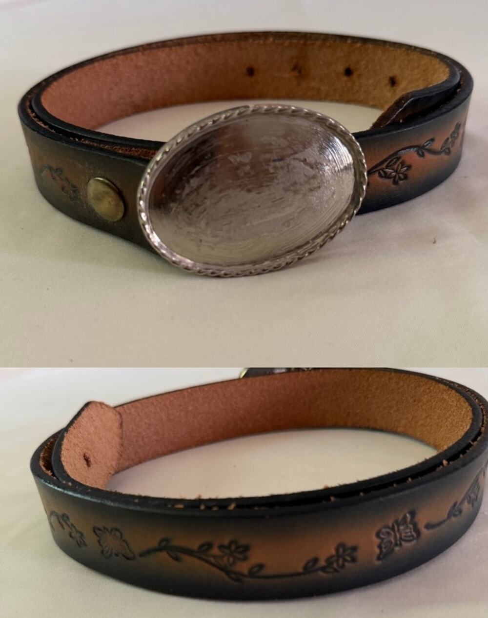 Brown Genuine Leather Butterfly Floral Big Silver Buckle Belt Cowgirl Boho
